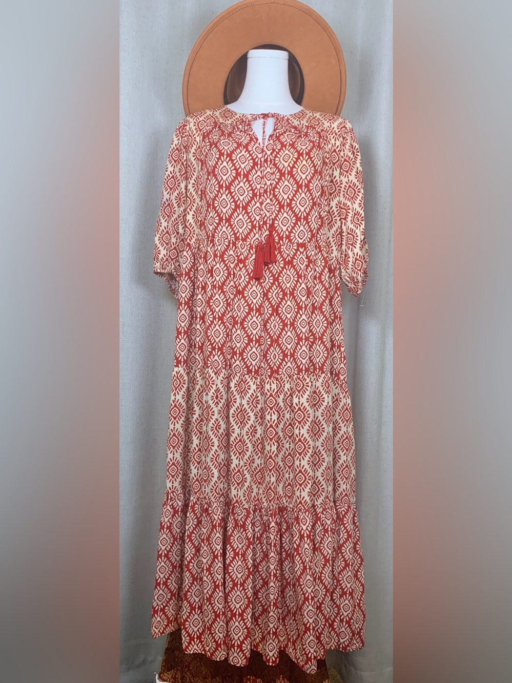 Easel Maxi Dress | Boho Red & Ivory Printed Tiered Dress L2-10 - Picture 3 of 7